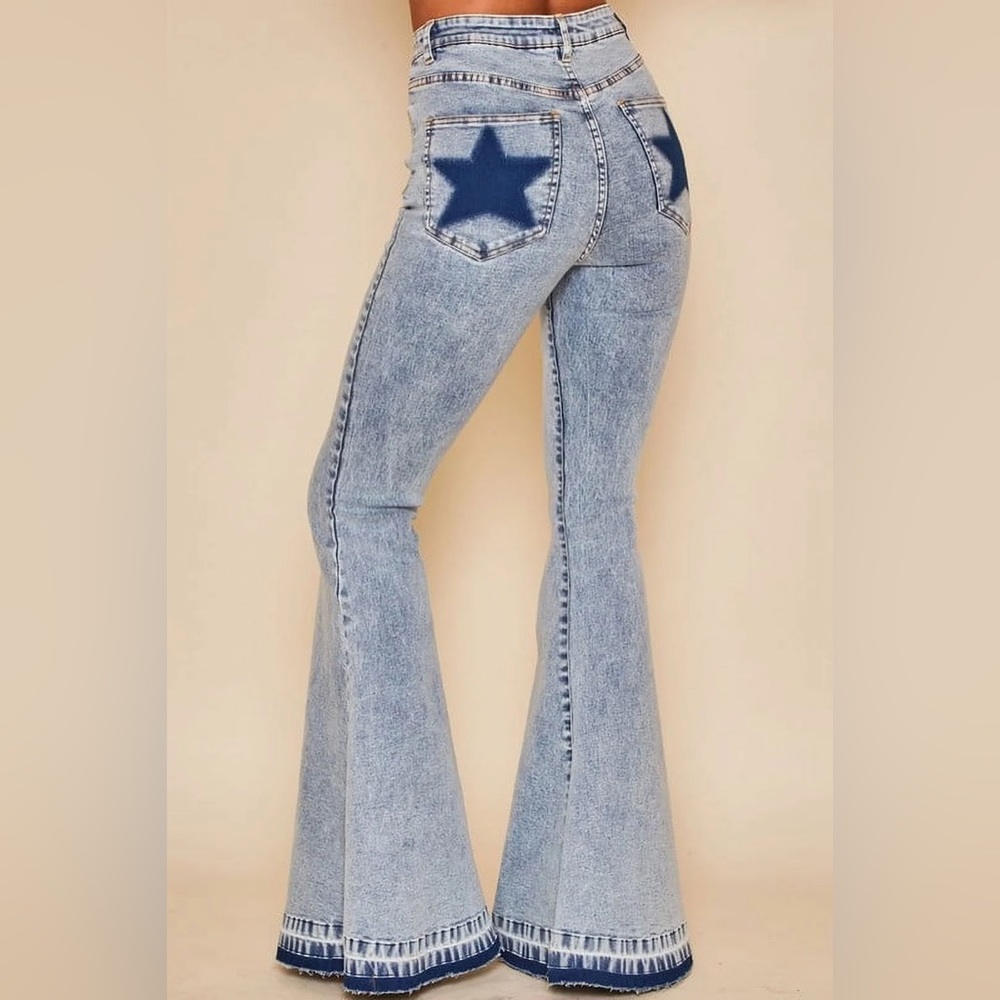 Women M High Rise Acid Wash Bell Bottom Jeans Star Back Pockets Button Fly Y2K
